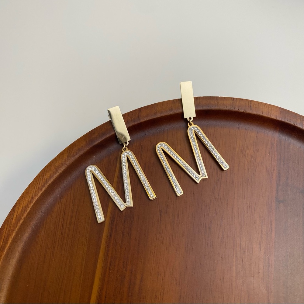 4/$15 Gold Rhinestones Initial Letter M Drop Earrings